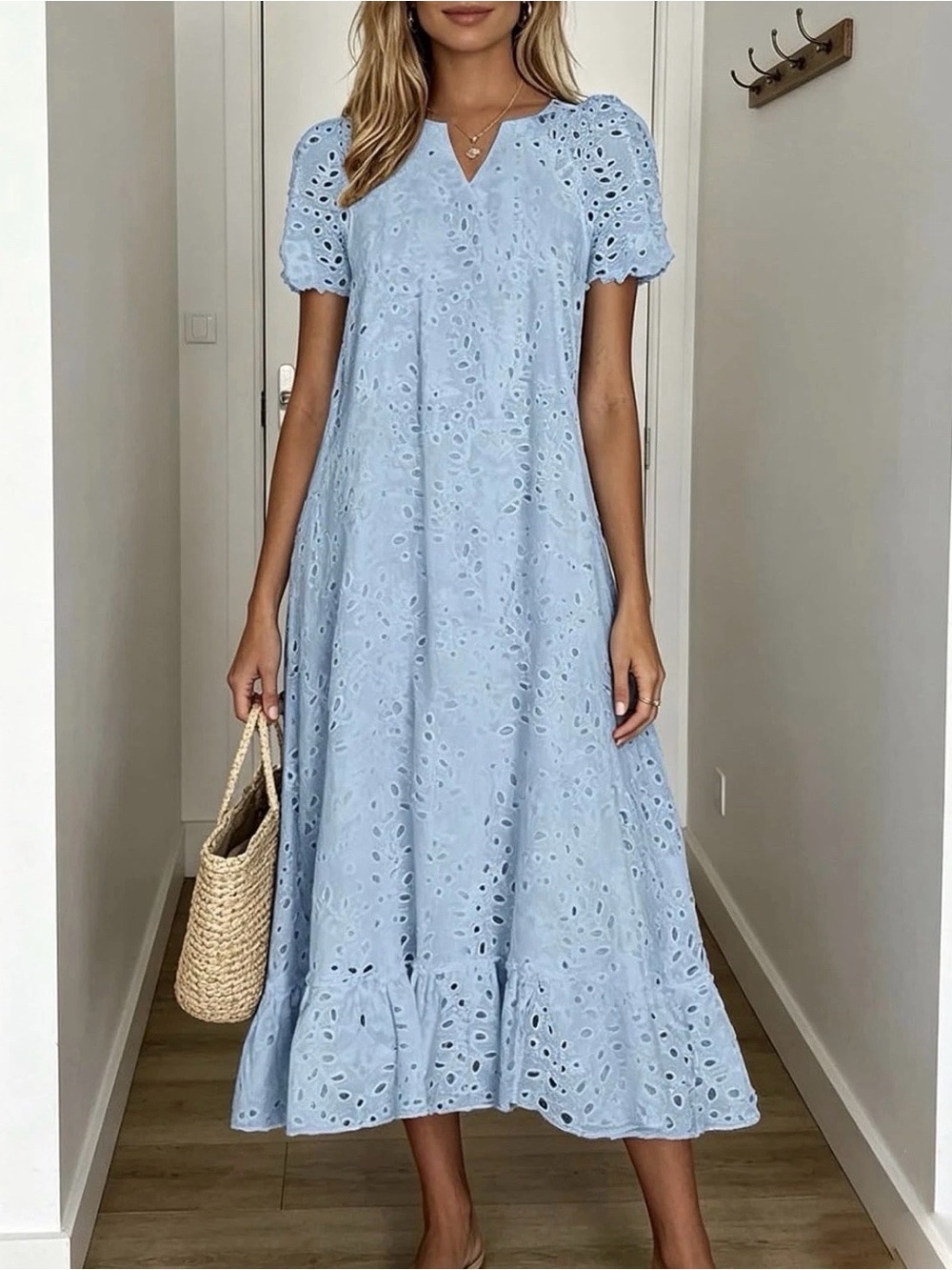 Women's Light Blue Eyelet Midi Dress with V-Neck